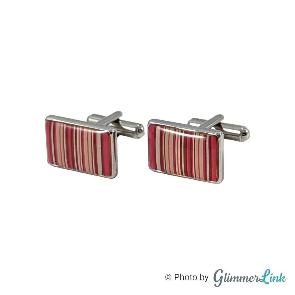 Rectangle Vertical Parallel Pink Bar Line Stripes Silver Tone Cufflinks